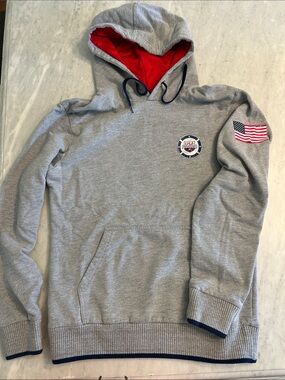 Men's Grey Hooded Sweatshirt with Red Lined Hood - USA Patch Detail